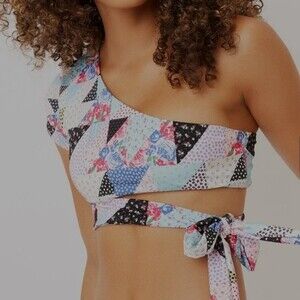 NWT Frankie's Bikinis Pink Blue Crochet Patches Puck Bikini Swim Top Size Large